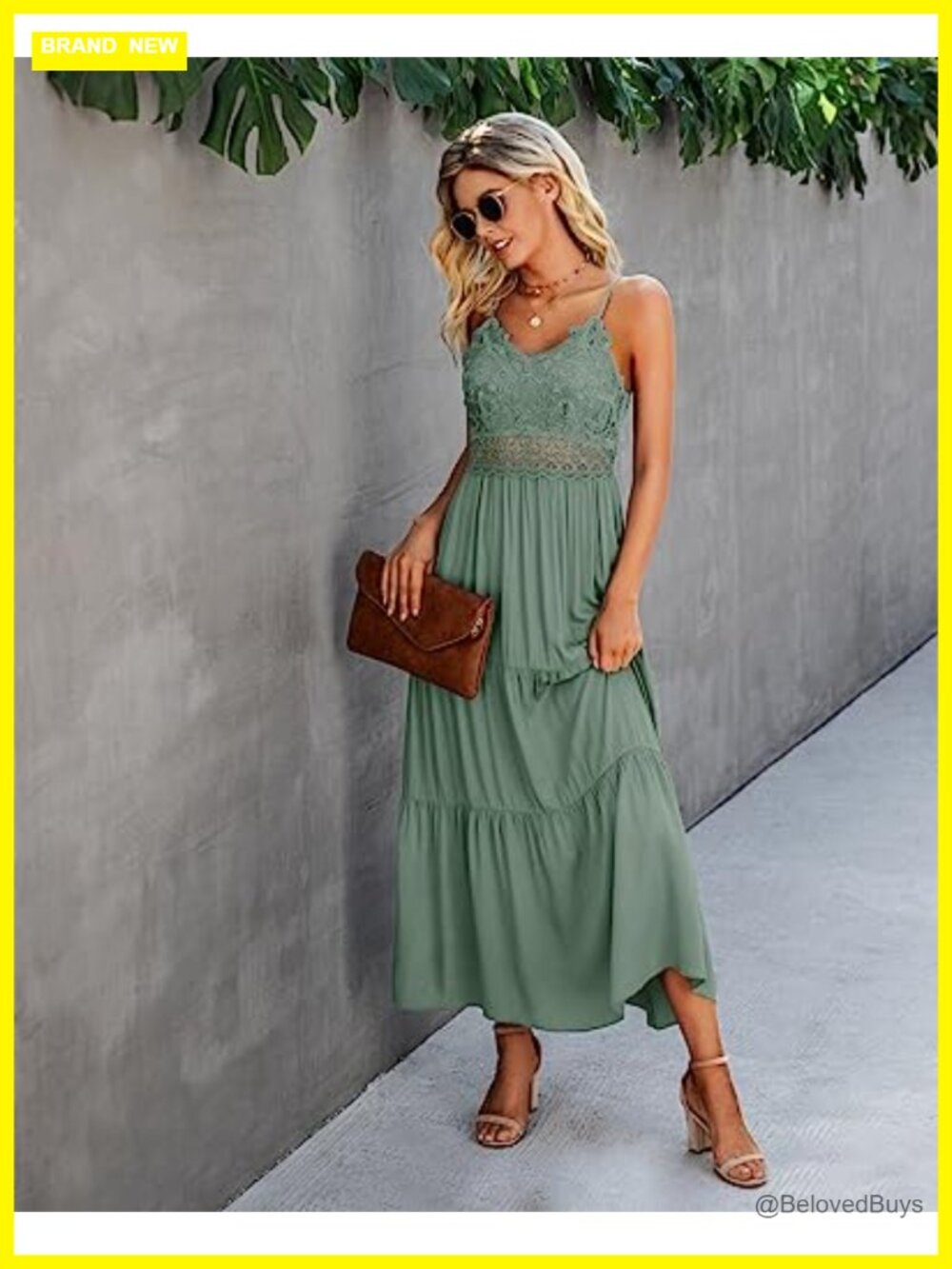 Lace Trim Maxi Dress V-Neck Spaghetti Strap Summer Wedding Guest - Picture 4 of 6